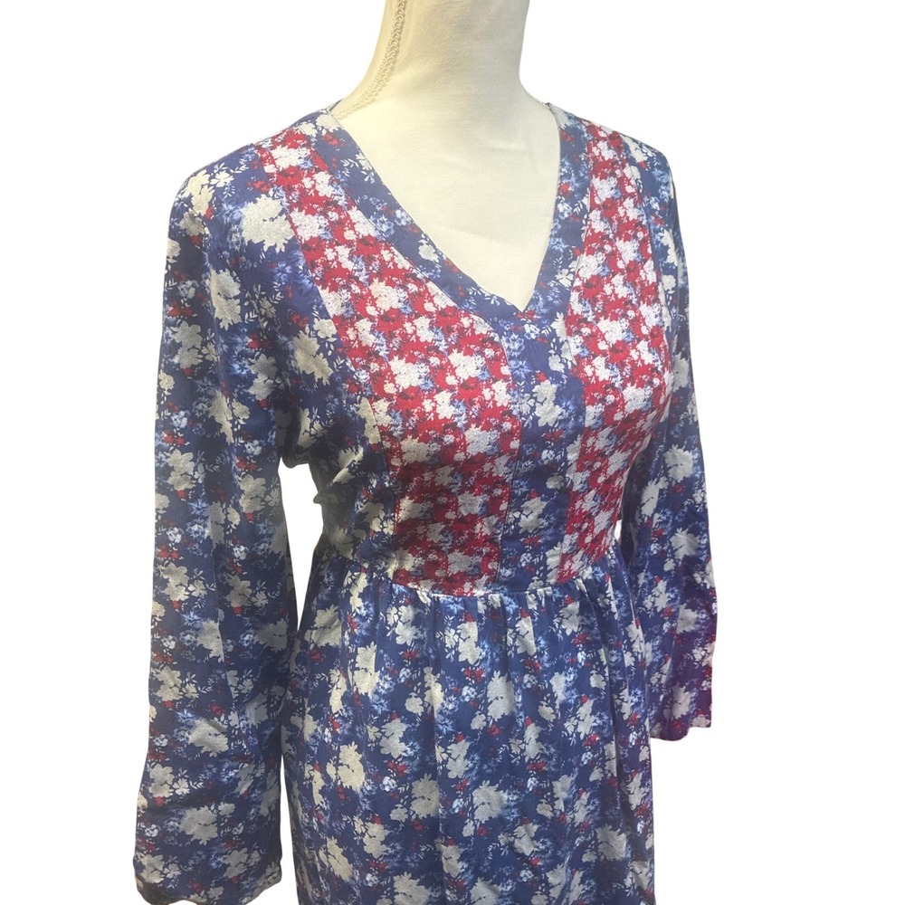 CW Classics Floral Midi Dress Large Red White Blue V-Neck Long Sleeve  Boho